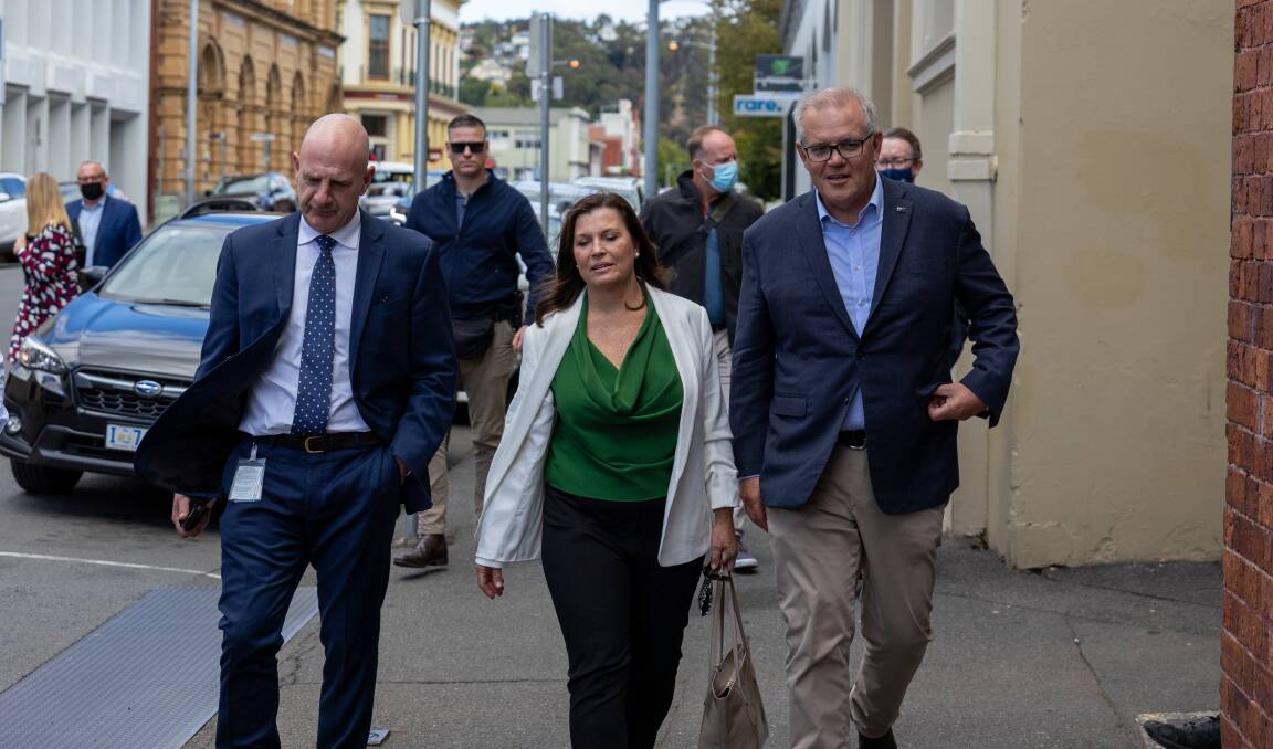 COFFEE BREAK: Premier Peter Gutwein with Jenny Morrison and Prime Minister Scott Morrison. Picture: Cameron Towns