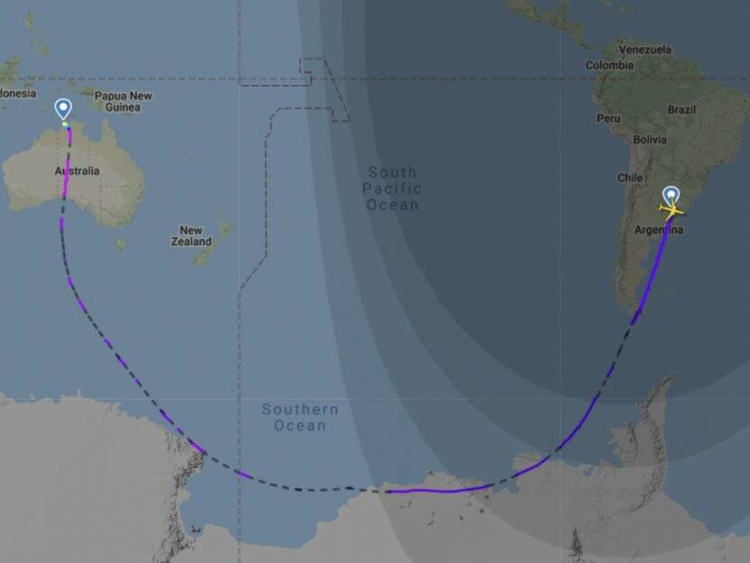 LONG WAY HOME: The flight path of QF14 from Buenos Aires to Darwin. Picture: Supplied