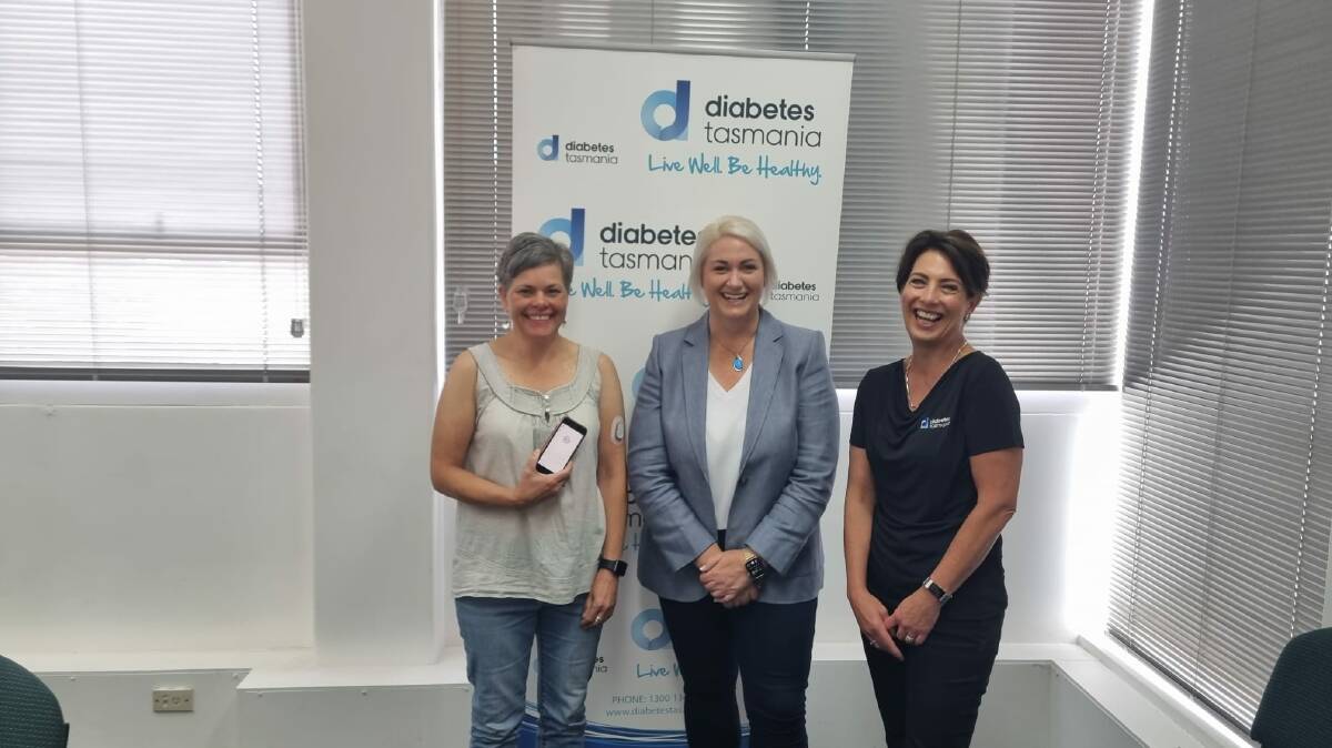 LIFE CHANGING: Type 1 Diabetes patient Merrier Daoui with Liberal candidate for Lyons Susie Bower and Diabetes Tasmania chief executive Caroline Wells. Picture: Supplied