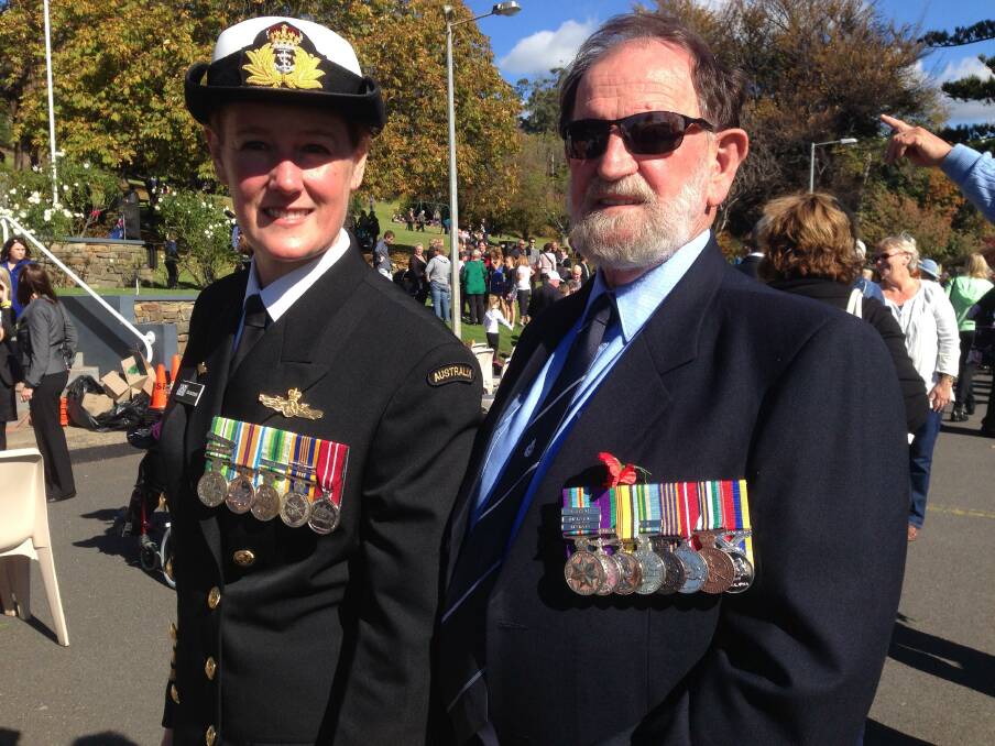 HONOURED: Captain Lisa Batchler at an ANZAC Day service in Launceston in 2018 with father David Batchler. Picture: Supplied