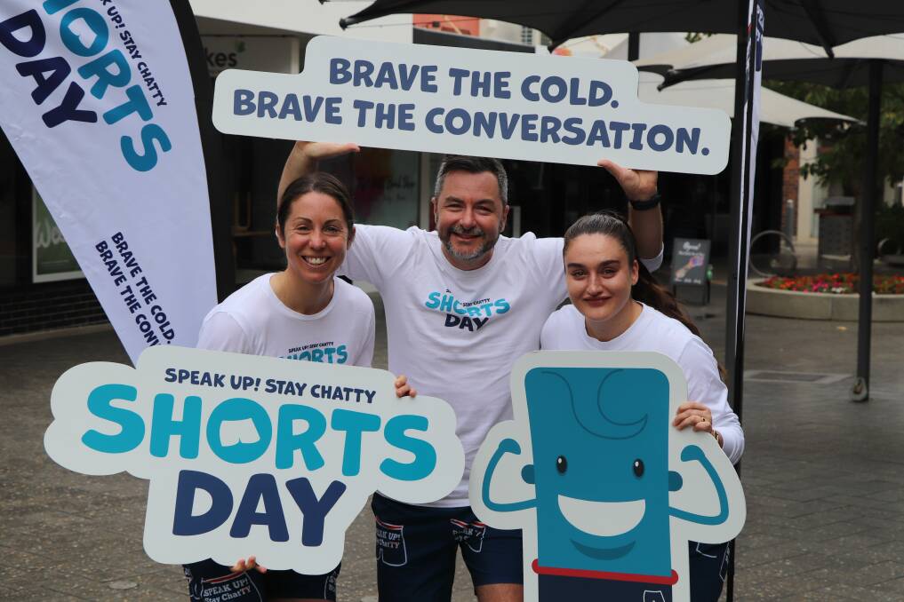 SPEAK UP!: Brooke Hepburn, Rick Marton and Issy Brighella are calling on Tasmanians to don shorts on the shortest day of the year for mental health. Picture: Brett Jarvis