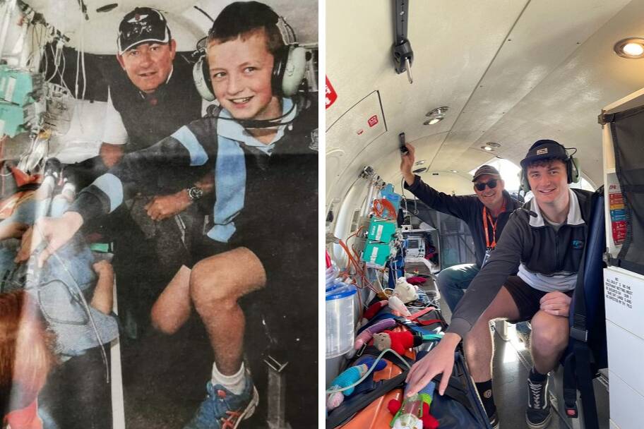 Royal Flying Doctor Service education program manager Tom Ryan and Kaiden Page recreate a photo from The Examiner after almost 10 years.