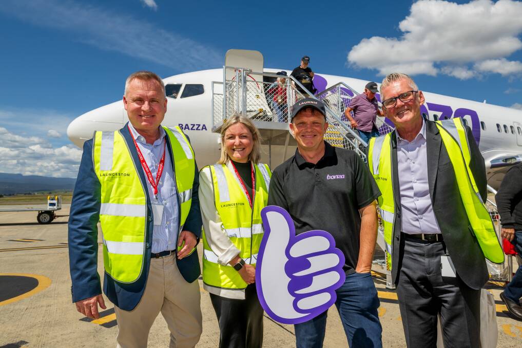 Premier Jeremy Rockliff, Tourism Tasmania CEO Sarah Clark, Bonza airlines CEO Tim Jordan, and Laucneston Aiport CEO Shane O'Hare welcomed the first Bonza flight to Launceston. Picture by Phillip Biggs