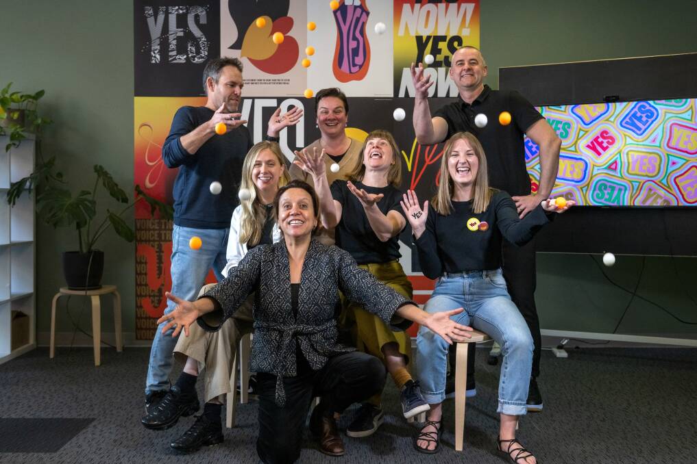 Rachel Perkins (centre) with Launceston creatives Phil Ackerly, Kylie Harvey, Todd Henderson, Lucy Watts, Lucia Wellington and Jess Murphy to launch the 'Create Yes' campaign. Picture by Phillip Biggs