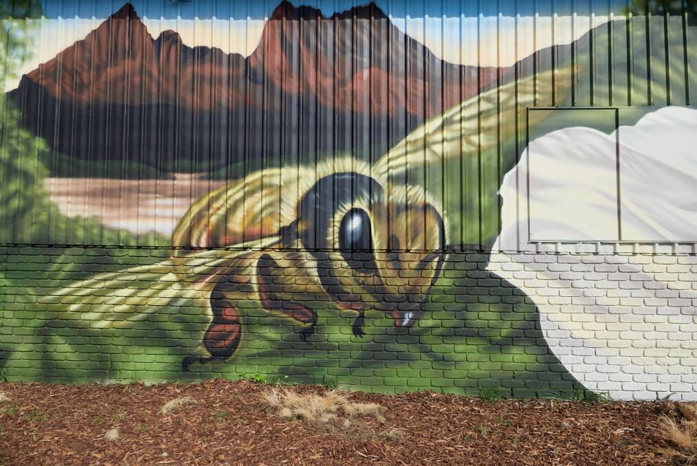 The mural features honeybees and Cradle Mountain. Picture by Rod Thompson
