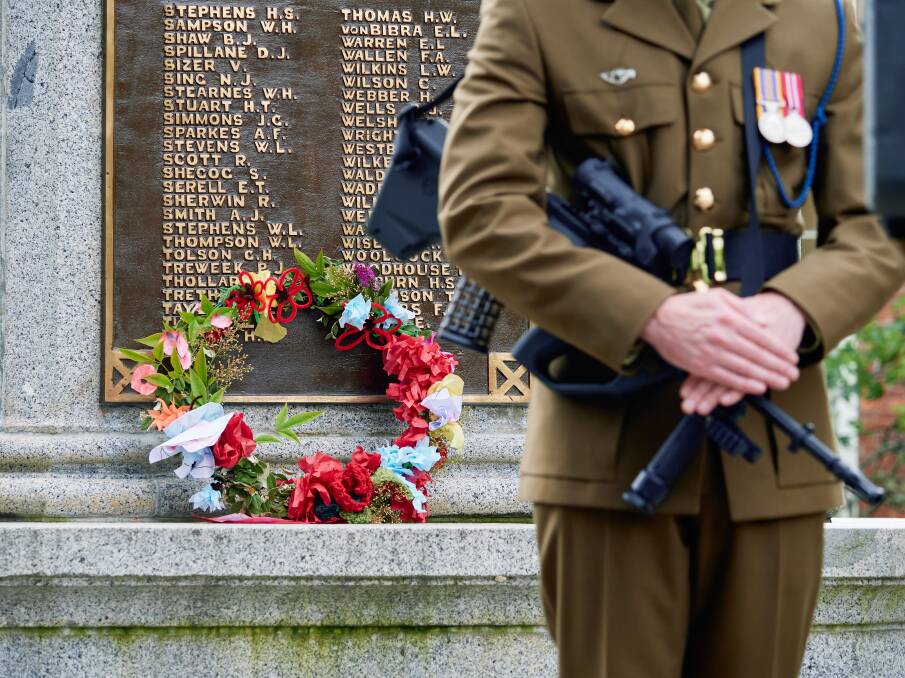 A wreath laid at the Launceston Cenotaph as part of Remembrance Day commemorations. Picture by Rod Thompson