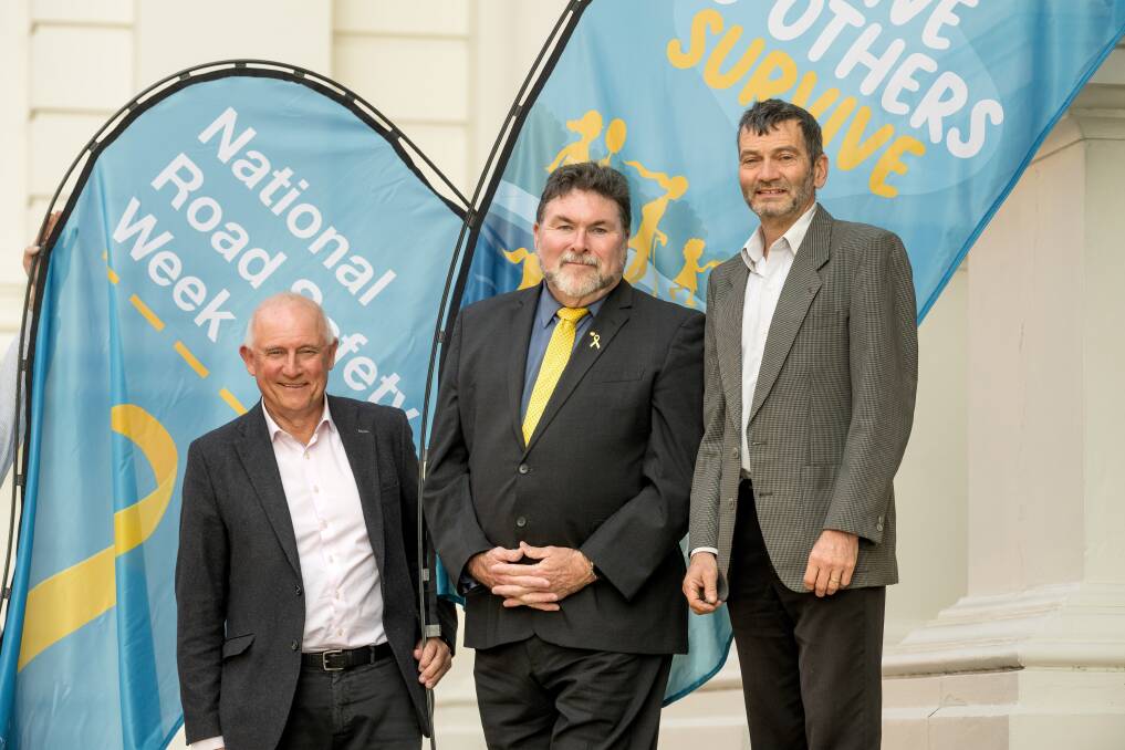 Acting mayor Hugh McKenzie, SARAH Group president Peter Frazer and traffic engineering officer Nigel Coates affirm the City of Launceston council's commitment to road safety during National Road Safety Week. Picture by Phillip Biggs