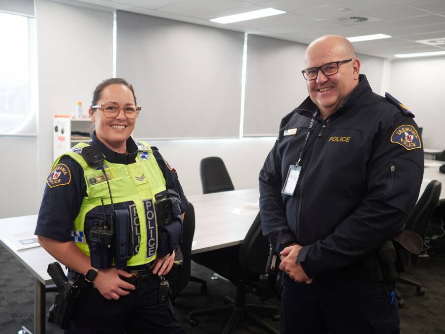 Constable Talitha McKenzie and Acting Sergeant Scott Templar enjoying new facilities at Launceston Police Station after a $7 million refurbishment. Picture by Rod Thompson