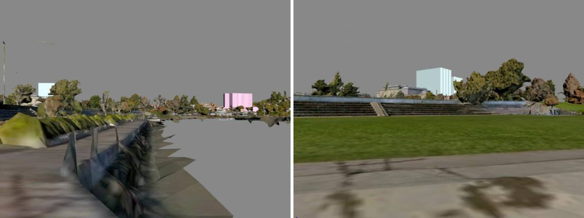 Renders showing how the proposed ReUNION District (blue), and the Gorge Hotel (pink) from Home Point and Royal Park. Picture by City of Launceston