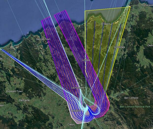 How flight paths are likely to change over Northern Tasmania, light blue are current routes and dark blue are predicted routes. Picture by Air Services Australia
