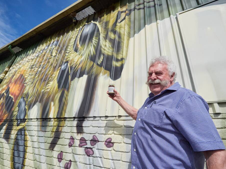 Lindsay Bourke stands next to a mural painted on the side of his Invermay warehouse by Tasmanian artist Jamin. Picture by Rod Thompson