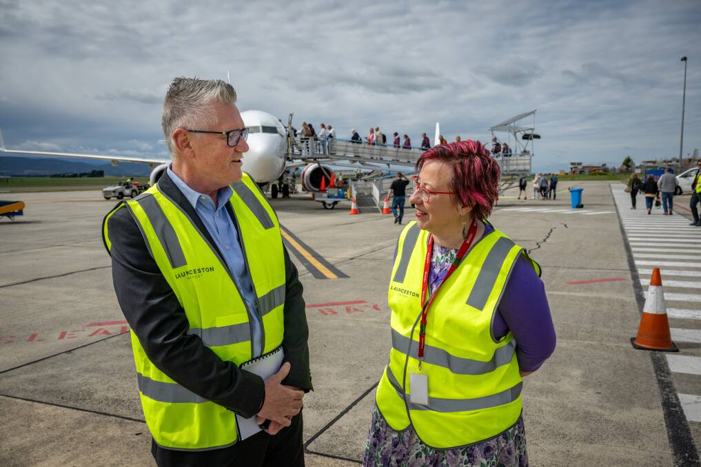 CEO of Launceston Airport Shane O'Hare with CEO of Visit Northern Tasmania Tracey Mallet as Virgin Australia resumes direct flights to Adelaide and Perth. Picture by Paul Scambler
