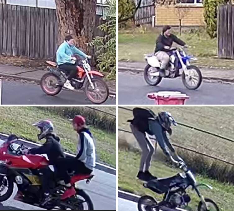 Motorcycle riders pictured at Ravenswood on what appear to be trail bikes with some not wearing helmets. Pictures by Tasmania Police
