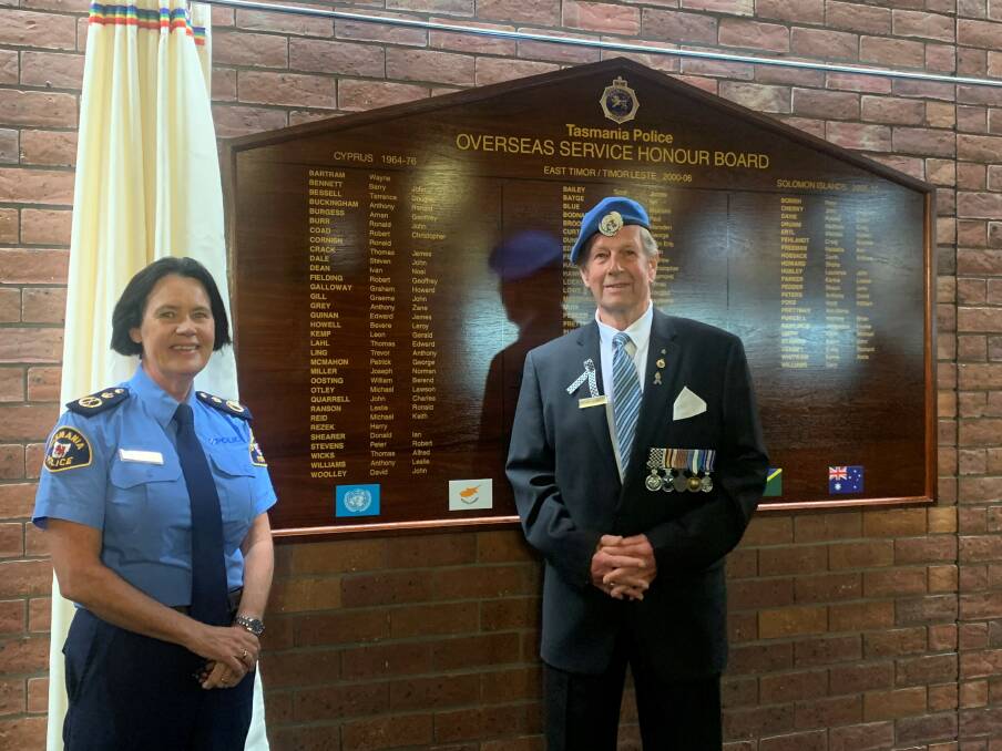 Commissioner Donna Adams and ex-Tasmania Police Sergeant Bevan Howell who was one of the first two Tasmania Police officers to be deployed overseas. Picture by Tasmania Police