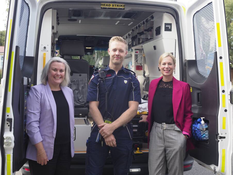 Labor health spokeswoman Anita Dow, paramedic Matthew Eldridge and Labor leader Rebecca White at the Deloraine ambulance station. Picture by Joe Colbrook