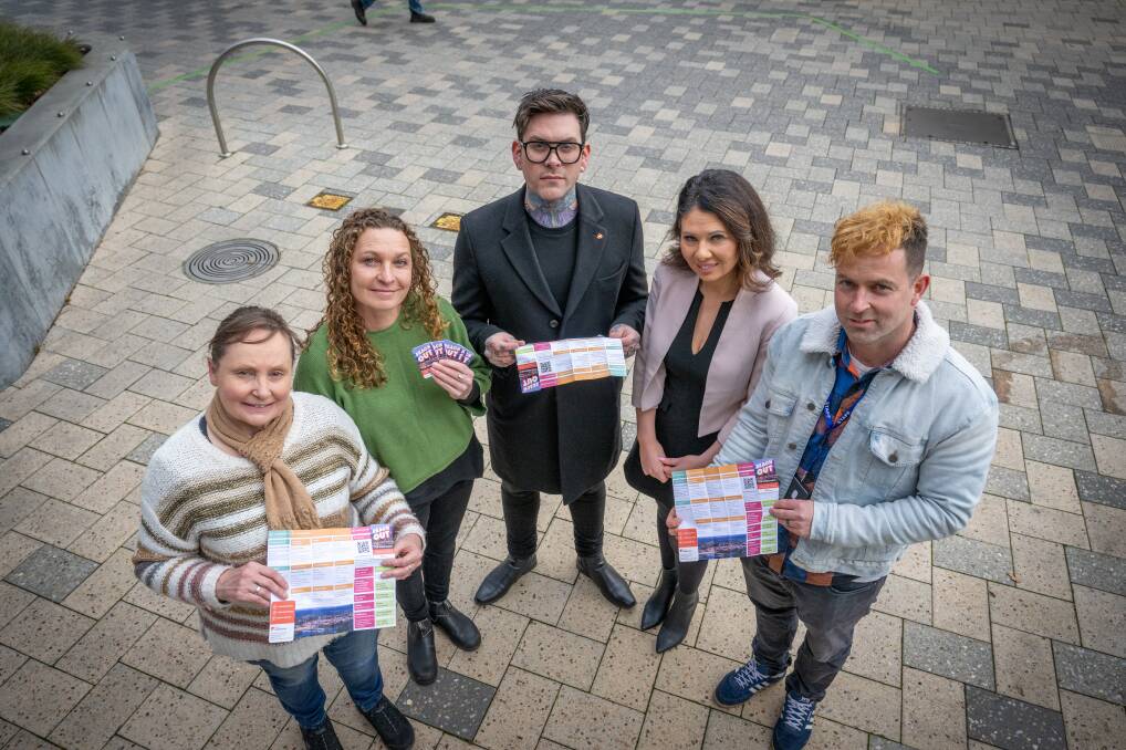 Louise Cowan, Nindarra Wheatley, Launceston mayor Matthew Garwood, Sam Grace and Louis Grubb with the Reach Out cards created by the Homelessness Advisory Committee. Picture by Paul Scambler