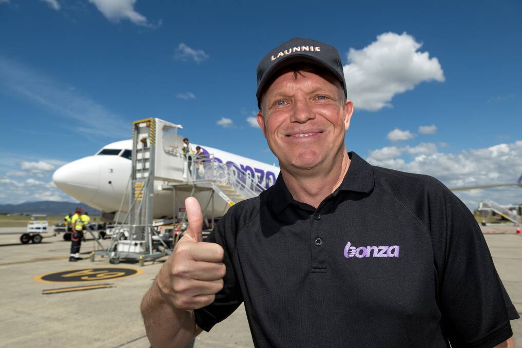 Bonza chief executive officer Tim Jordan after the first Bonza plane touched down at Launceston Airport. Picture by Phillip Biggs
