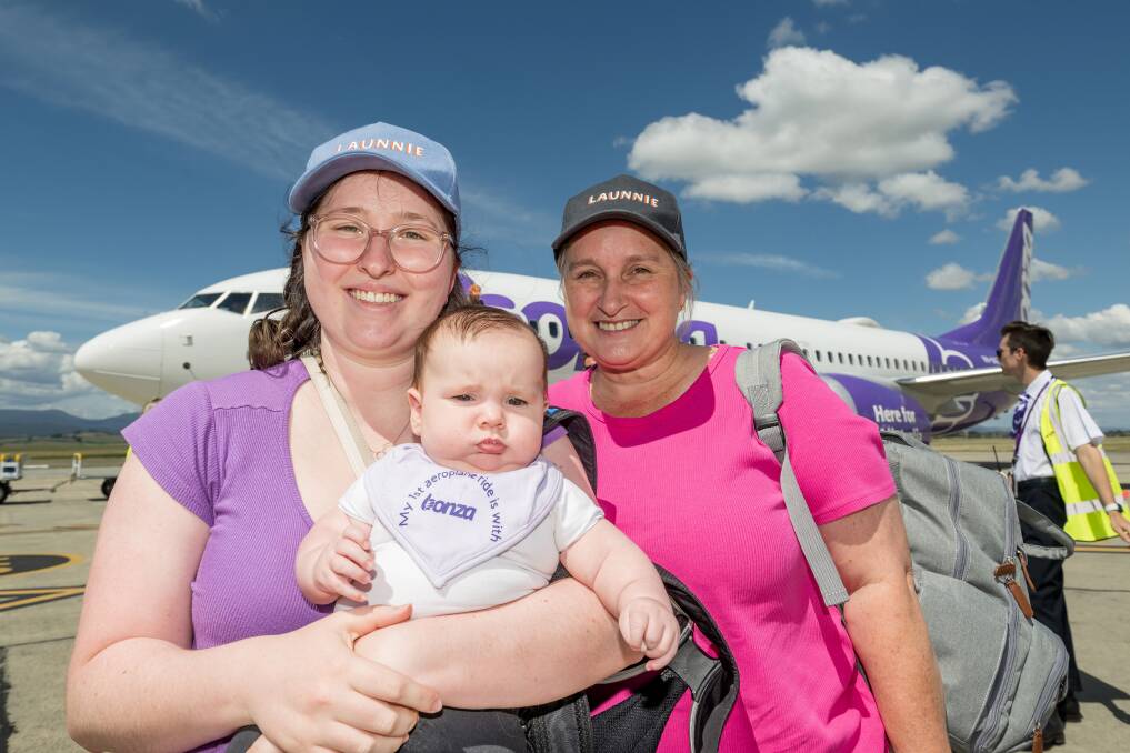 Jessica Fountain, her mother Katie and son Ryder were among the first passengers to fly to Launceston with low-cost carrier Bonza. Picture by Phillip Biggs