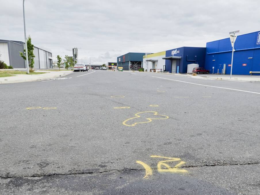 Paint marks on Lindsay Street left by crash scene investigators after a fatal motorcycle crash at Invermay. Picture by Rod Thompson