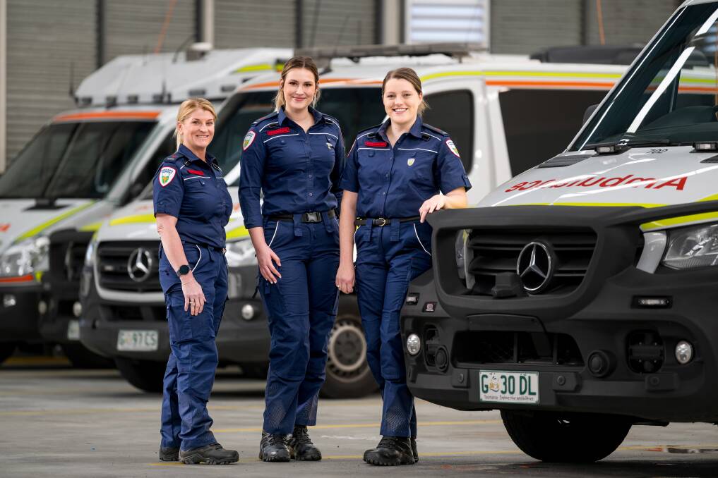 Shelley Fellows, Madison Turner and Michelle Lewis have joined Ambulance Tasmania after spending time with the NSW Ambulance service. Picture by Phillip Biggs