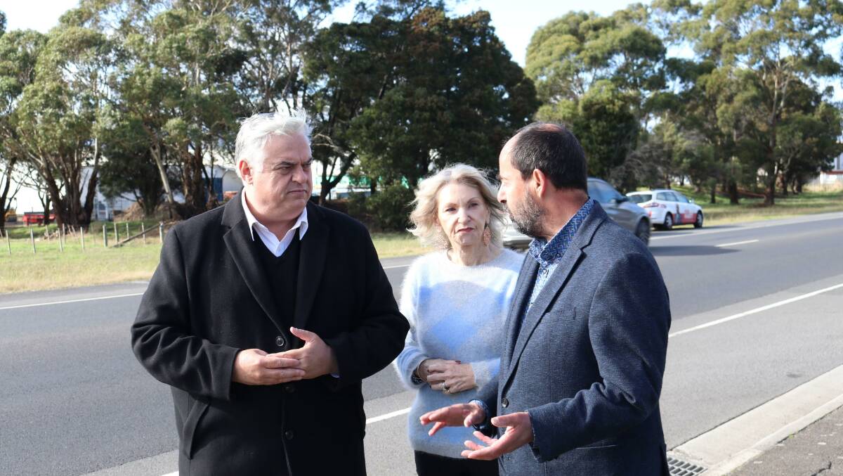 ROAD SAFETY: Lyons MP Brian Mitchell, senator Polly Helen, and candidate for Bass Ross Hart. Picture: Supplied 