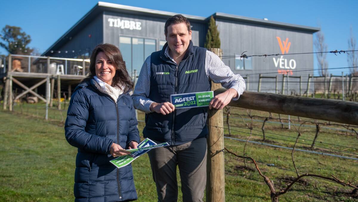 AGFEST: Minister for Primary Industries and Water Jo Palmer with chairman of Agfest Caine Evans at Velo vineyard, at Legana. Picture: Paul Scambler