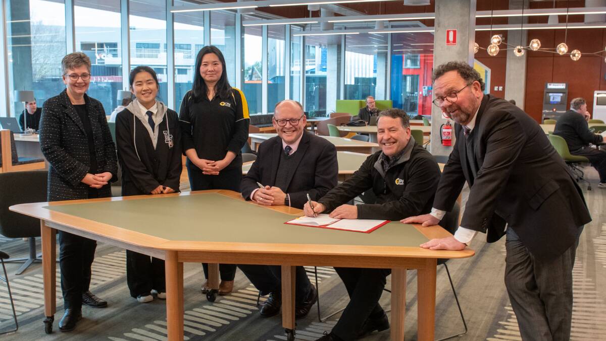 Head of School Tasmanian School of Business & Economics Belinda Williams, Bachelor of Business student and Launceston City Mission intern and volunteer Rowling Luo, UTAS Business student Alicia Feng, Interim Executive Dean of the College of Business and Economics Stuart Crispin, Launceston City Mission CEO Stephen Brown, and UTAS Pro Vice-Chancellor Professor Dom Geraghty. Picture: Paul Scambler