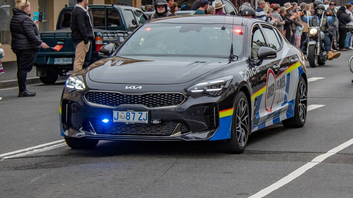 A new Tasmania Police Kia Stinger highway patrol car at ANZAC parade, 2022. Picture: Paul Scambler