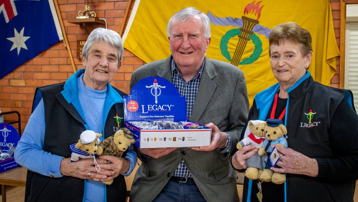 Launceston Legacy's incoming President Spencer Davies with Vice President of Legacy widows club Kath Gordon and President of Legacy Widows club Elaine Banks. Legacy badges and bears on sale this week. Picture: Paul Scambler. 