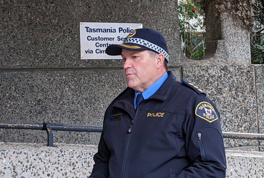 Tasmanian police Inspector Darren Hopkins speaks on the crash. Picture by Duncan Bailey.