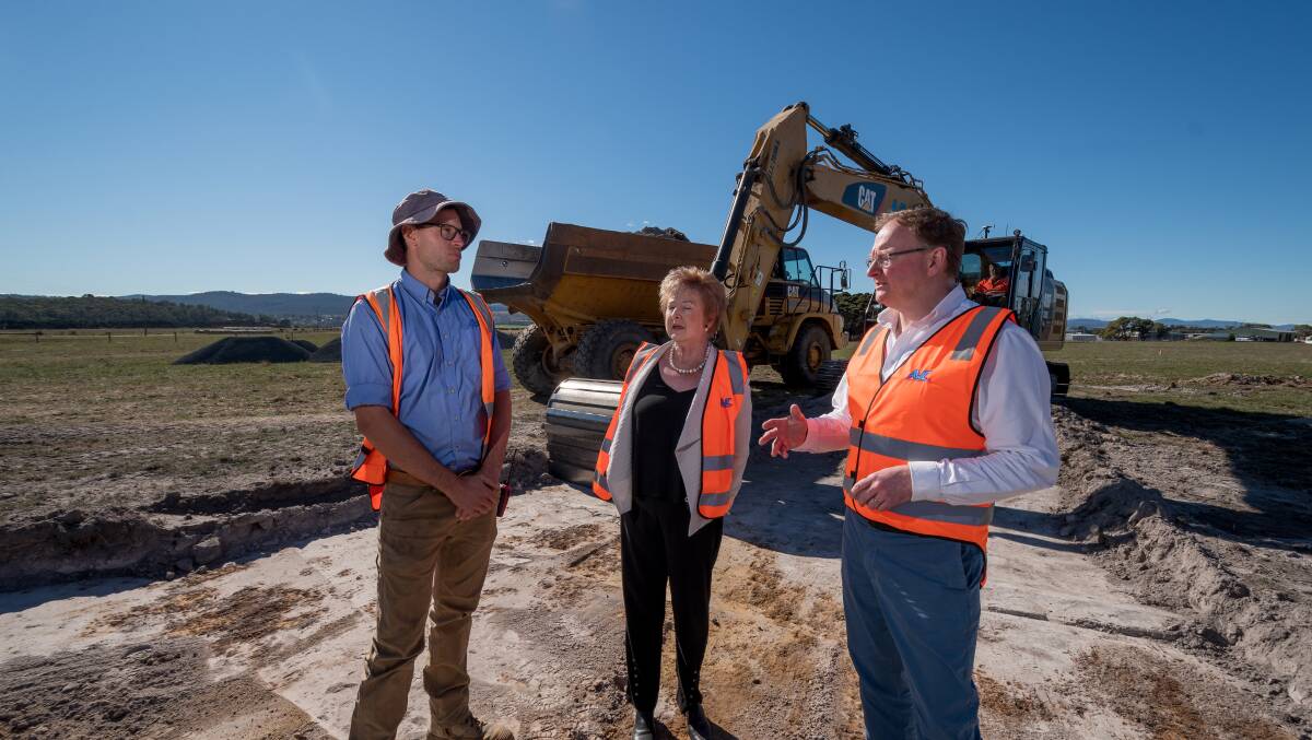 AWC project manager Hayden Allwright with the former West Tamar Deputy Mayor Joy Allen and Education, Children and Youth minister Roger Jaensch at the site of the Legana Primary School. Picture by Phillip Biggs, taken April 4, 2022.