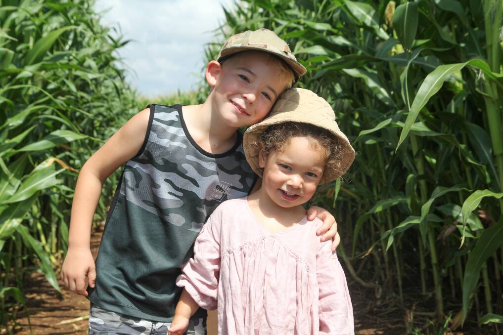 Cousins Cruz Davis and Harlow Kohunui made the most of their visit to the crop maze at Rupertswood Farm. Picture by Satria Dyer-Darmawan