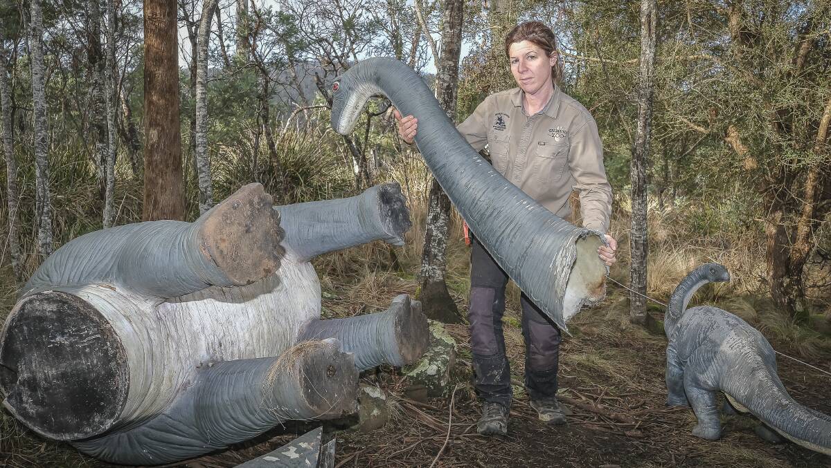 VANDALISED: Rochelle Penney inspecting the damage to the dinosaurs. Picture: Craig George