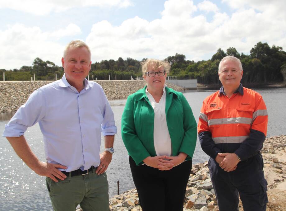 Premier Jeremy Rockliff, Flinders Island Mayor Rachael Summers, and Taswater CEO George Theo at the Henderson Dam. Picture by Satria Dyer-Darmawan