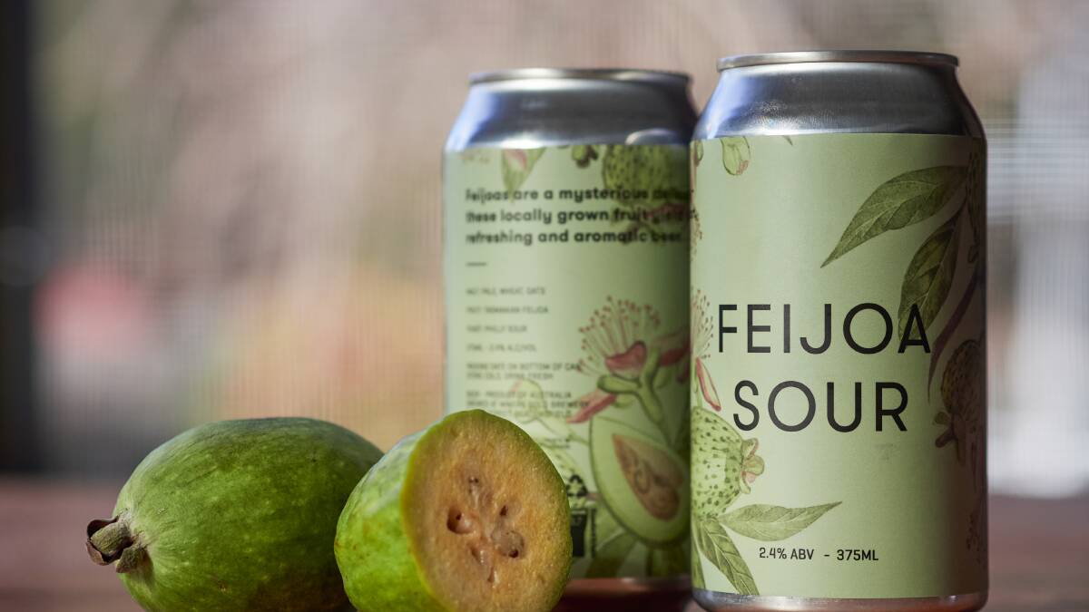 Feijoa sour beer with a cut open feijoa. Picture: Rod Thompson