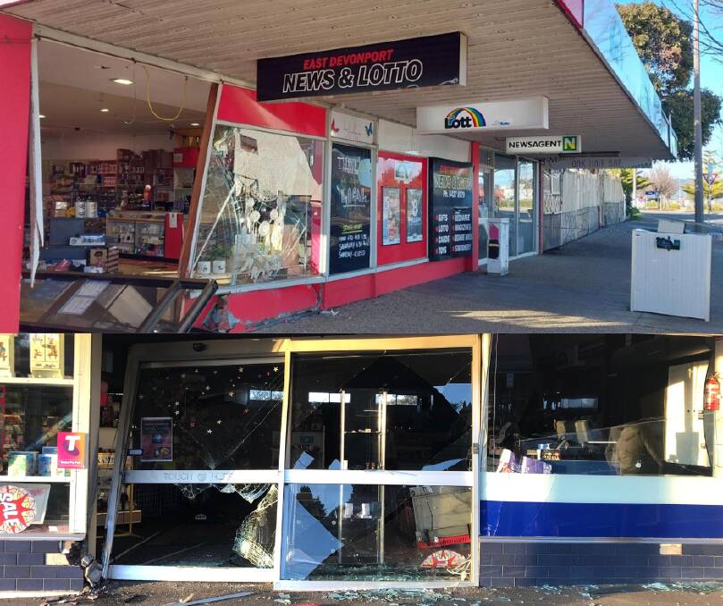 Shopfront damage which occurred at East Devenport (top) and Deloraine (bottom). Picture: Supplied
