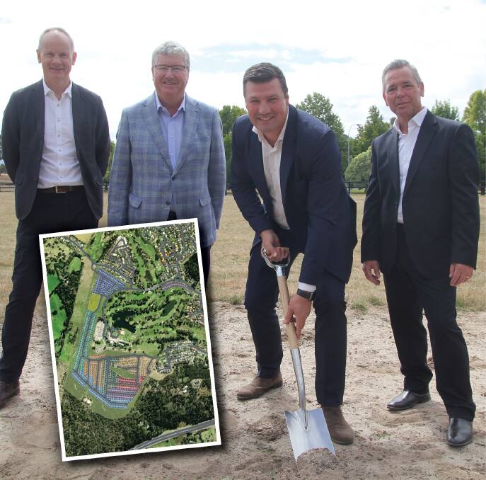 Daniel Hanna and Greg Farrell, from Federal Group, turn the first sod of an upcoming development in Propect with Will McGeachie and David Bacon of Kin Capital. Picture by Satria Dyer-Darmawan