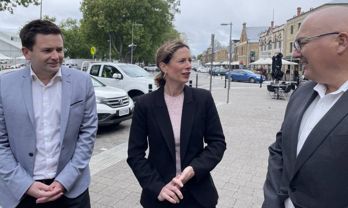 Labor energy spokesman Dean Winter, Opposition leader Rebecca White and Tasmanian Chamber of Commerce and Industry CEO Michael Bailey. Picture by Ben Seeder