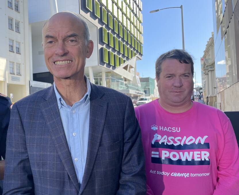 Health Minister Guy Barnett (L) with Health and Community Services Union secretary Robbie Moore. Picture by Ben Seeder