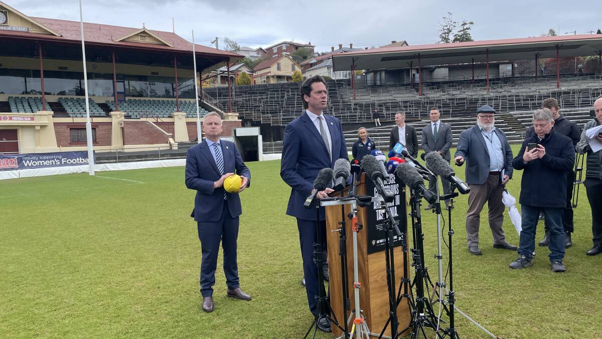 AFL chief executive Gillon Mclachlan with Premier Jeremy Rockliff at North Hobart Oval on Wednesday. Photo by Ben Seeder