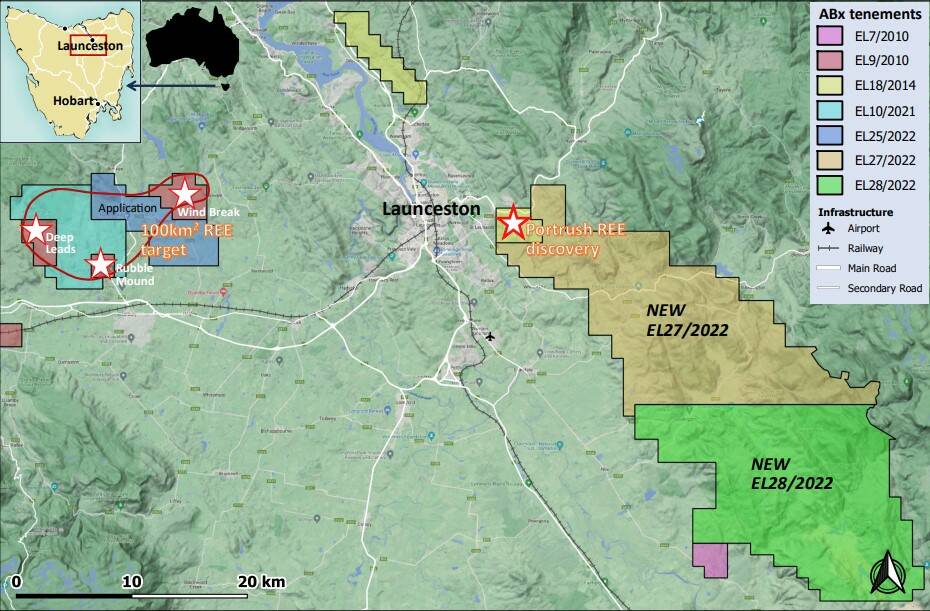 Minerals group ABx now controls two new exploration licence areas stretching from the outskirts of Launceston to just south of Rossarden. Source: ABx