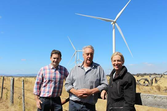 Labor Energy Spokesman Dean Winter, wind farm owner Peter Downie and Labor Leader Rebecca White in the Central Highlands on Tuesday. Picture supplied