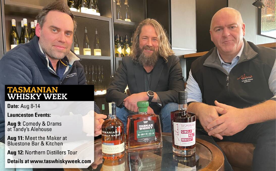 BARELY ENOUGH: David Debattista (far left); Craig Spilsbury (middle) and Adam Pinkard say Tasmania's whisky business is booming. Picture: Ben Seeder