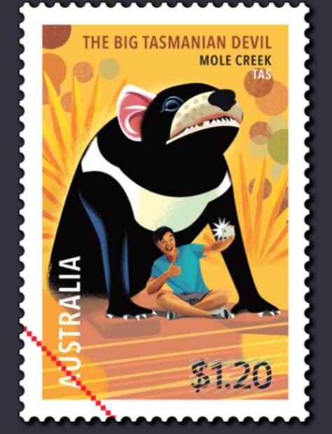 The stamp features The Big Tasmanian Devil, which stands at the entrance to the Trowunna Wildlife Sanctuary at Mole Creek. Picture supplied