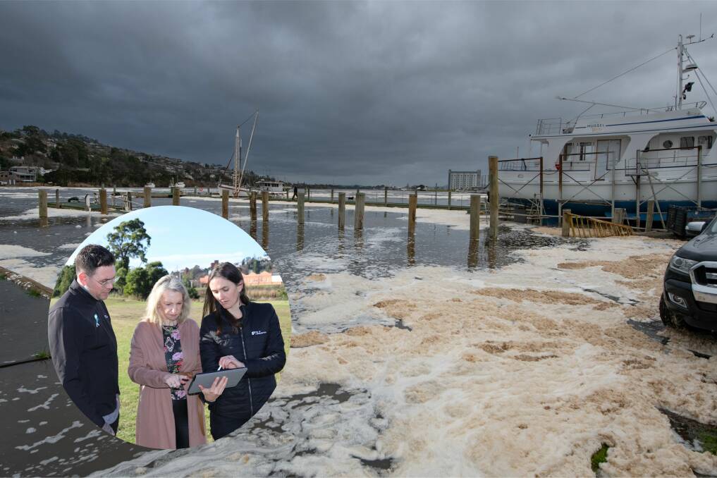 The 2022 Launceston floods. Picture by Paul Scambler. Inset: Launceston acting mayor Matthew Garwood, Tasmanian Labor senator Helen Polley and City of Launceston water team leader Erica Deegan look over plans to ensure Launceston is better protected and prepared against flooding. Picture supplied