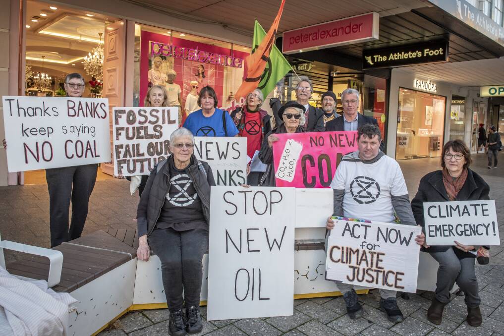 Extinction Rebellion protesters in Brisbane Street Mall, in front of the Launceston NAB. Picture by Craig George