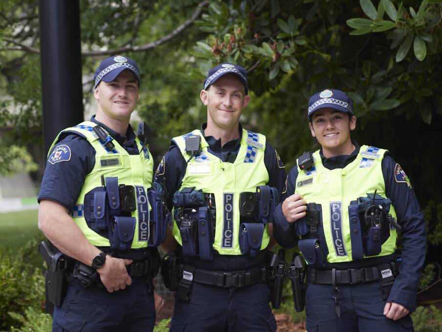 Three newest members of Tasmania Police, constables Joshua Taylor, Shannon Weedon and Kaitlin Lawlor are on the beat in Launceston. Picture Rod Thompson
