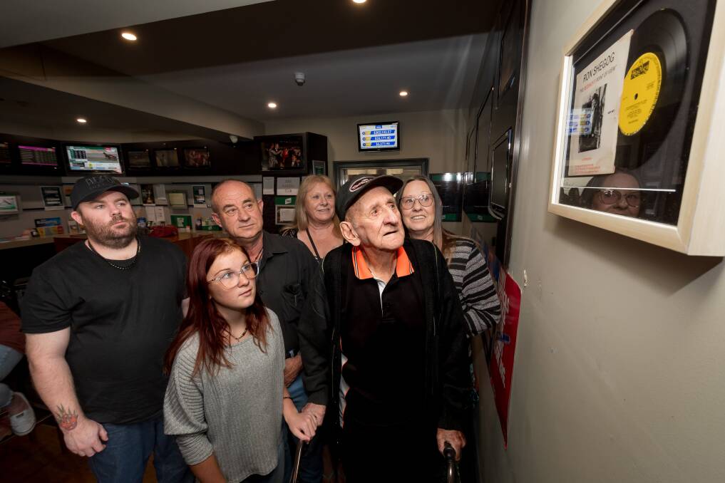 Australian country singer Ron Shegog at a record unveiling at Gray's Hotel, George Town, pictured with some of his family at a birthday celebration, left to right, Rick Shegog, Bella Ptichford, Danny Shegog, Ronni Shegog, Ron Shegog, Donna Locke. Picture by Phillip Biggs
