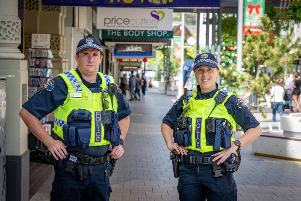 Constable Ben Walker and Constable Emma Hadley on the beat in Launceston's Brisbane street Mall. Picture by Paul Scambler