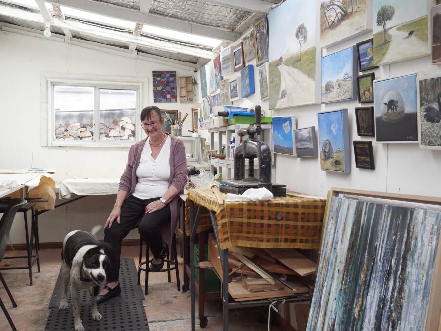 Launceston artist Edna Broad in her art studio, as she shares the inspiration behind her fourth entry in the Glover Prize competition, titled Tin Town. Picture by Rod Thompson